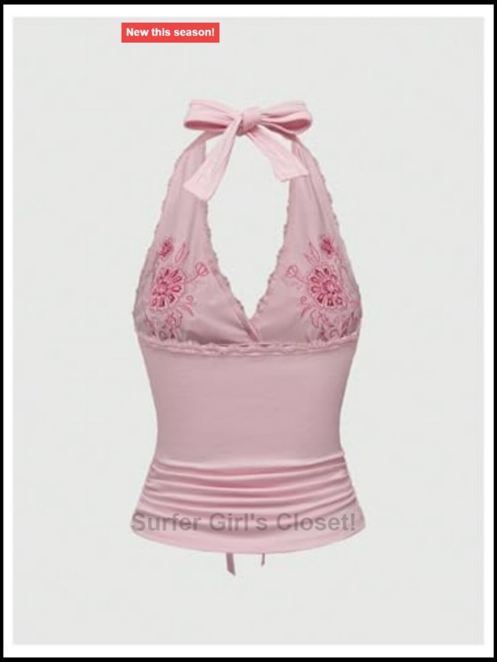 Floral Embroidery Bow Lace Trim Ruched Halter Tank Top Sleeveless Tie Back - Picture 2 of 5